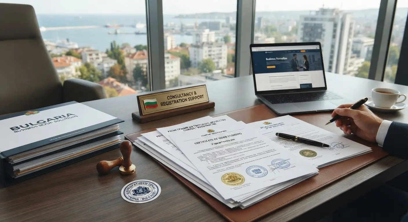 Advisors reviewing company registration documents in a bright modern office.