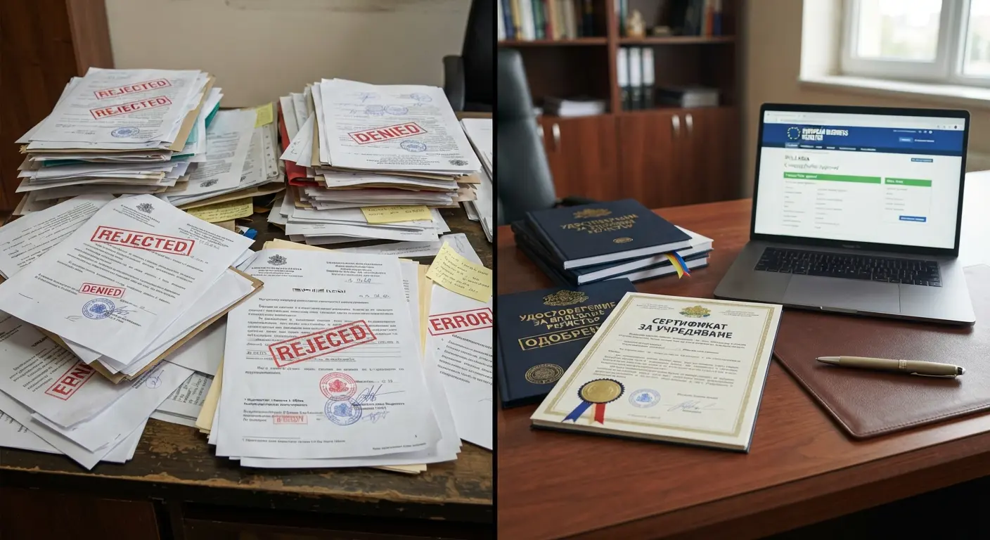 Split view showing disorganized rejected paperwork on the left contrasting with pristine, approved Bulgarian corporate certificates and digital registry on the right.